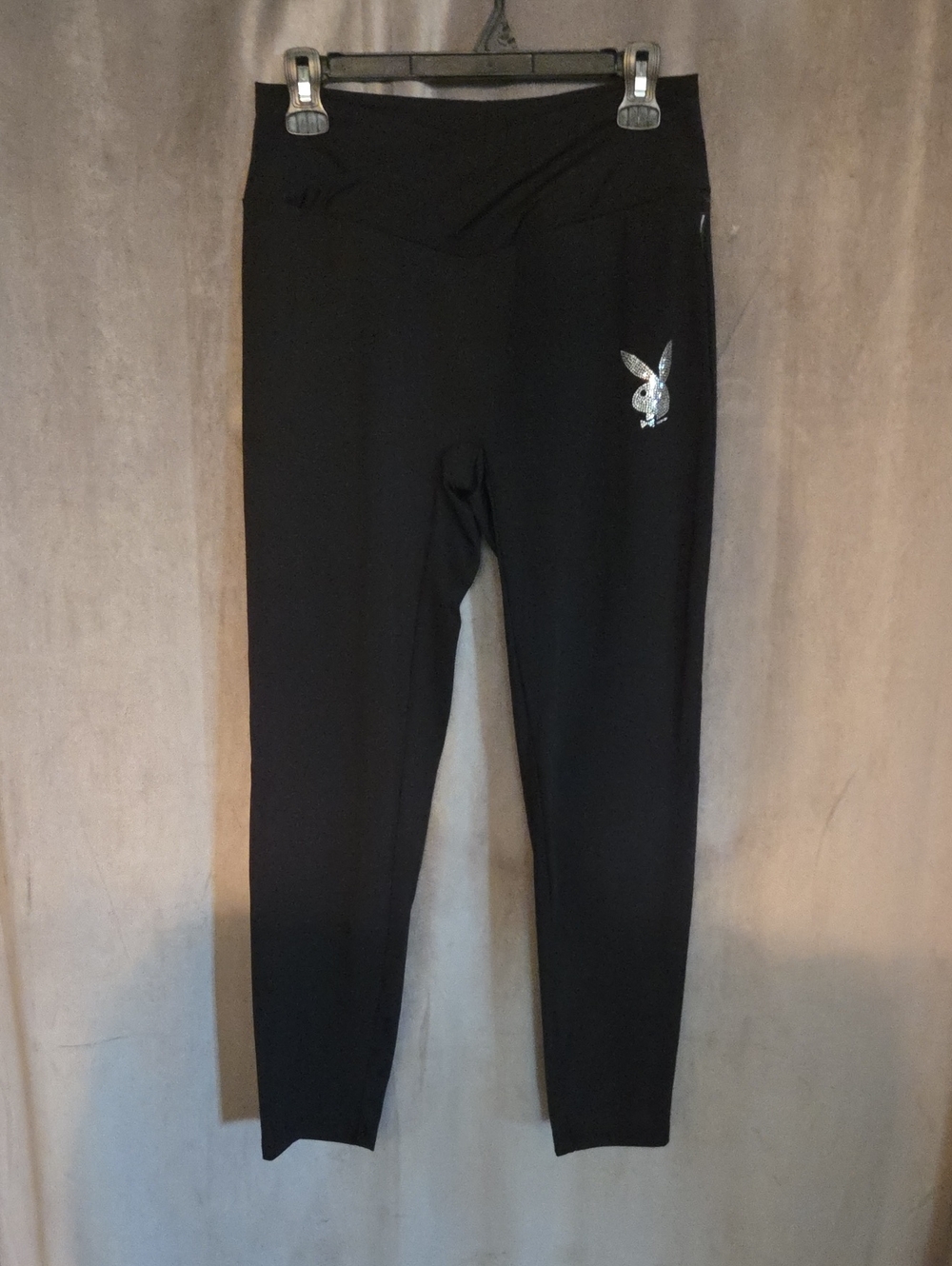 NWT PLAYBOY XL (Fits Small) Black Leggings with Silver Bunny Accent